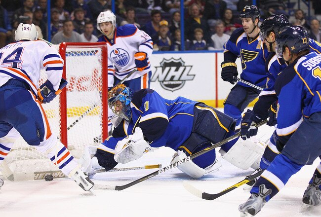 ST. LOUIS, MO - JANUARY 5: Jaroslav Halak #41 of the St. Louis Blues makes a save against the Edmonton Oilersat the Scottrade Center  on January 5, 2012 in St. Louis, Missouri.  (Photo by Dilip Vishwanat/Getty Images)