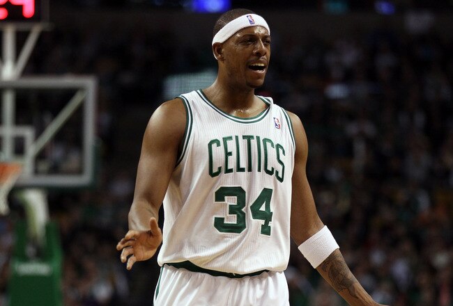 BOSTON, MA - JANUARY 06:  Paul Pierce #34 of the Boston Celtics reacts to a traveling call against him in the first quarter against the Indiana Pacers on January 6, 2012 at TD Garden in Boston, Massachusetts. NOTE TO USER: User expressly acknowledges and agrees that, by downloading and or using this photograph, User is consenting to the terms and conditions of the Getty Images License Agreement.  (Photo by Elsa/Getty Images)