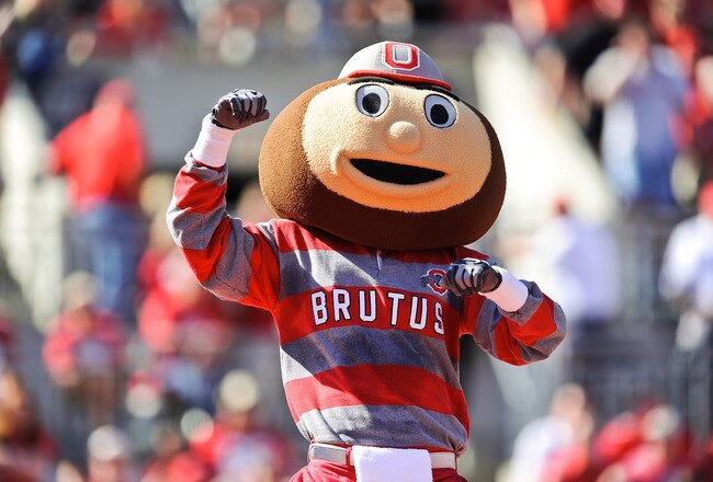 COLUMBUS, OH - OCTOBER 9:  Mascot Brutus Buckeye of the Ohio State Buckeyes cheers on the team during a game against the Indiana Hoosiers at Ohio Stadium on October 9, 2010 in Columbus, Ohio.  (Photo by Jamie Sabau/Getty Images)