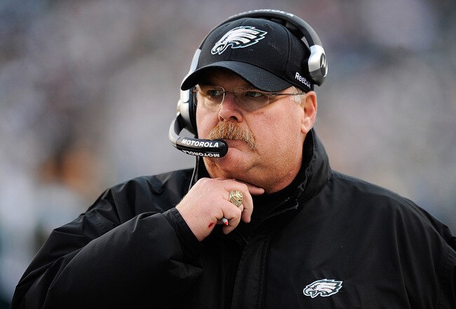 PHILADELPHIA, PA - JANUARY 01:  Head coach Andy Reid of the Philadelphia Eagles watches an instant replay during an official review during a game against the Washington Redskins at Lincoln Financial Field on January 1, 2012 in Philadelphia, Pennsylvania.  (Photo by Patrick McDermott/Getty Images)