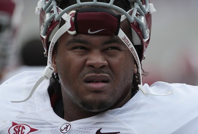 TUSCALOOSA, AL - APRIL 17: Offensive lineman Alfred McCullough #52 watches during the Alabama spring football game at Bryant Denny Stadium on April 17, 2010 in Tuscaloosa, Alabama. (Photo by Dave Martin/Getty Images)