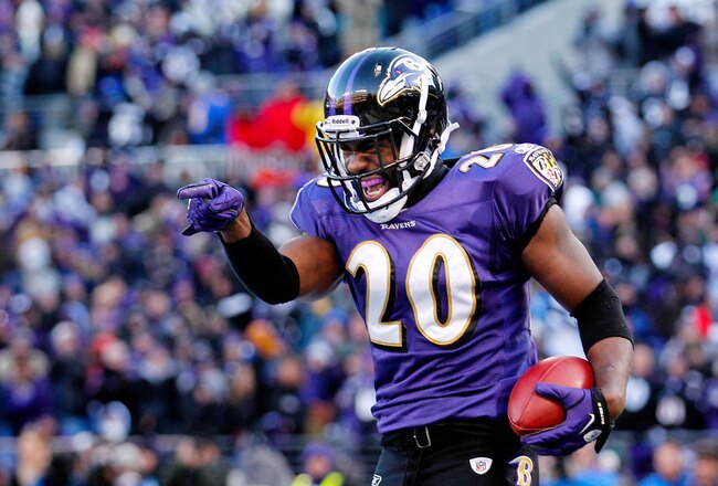 BALTIMORE, MD - JANUARY 15:  Ed Reed #20 of the Baltimore Ravens celebrates his interception against  Andre Johnson #80 of the Houston Texans (not pictured) during the fourth quarter of the AFC Divisional playoff game at M&T Bank Stadium on January 15, 2012 in Baltimore, Maryland.  (Photo by Rob Carr/Getty Images)