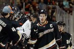 ANAHEIM, CA - NOVEMBER 27:  Ryan Getzlaf #15 of the Anaheim Ducks receives high fives from the bench against the Toronto Maple Leafs at Honda Center on November 27, 2011 in Anaheim, California.  (Photo by Jeff Gross/Getty Images)