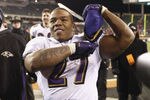 CINCINNATI, OH - JANUARY 01:  Ray Rice #27 of the Baltimore Ravens celebrates a victory during the game against the Cincinnati Bengals at Paul Brown Stadium on January 1, 2012 in Cincinnati, Ohio.  The Ravens defeated the Bengals 24-16.  (Photo by John Grieshop/Getty Images)