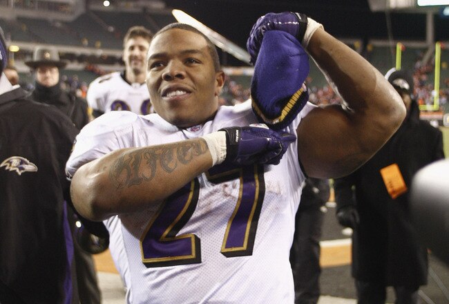 CINCINNATI, OH - JANUARY 01:  Ray Rice #27 of the Baltimore Ravens celebrates a victory during the game against the Cincinnati Bengals at Paul Brown Stadium on January 1, 2012 in Cincinnati, Ohio.  The Ravens defeated the Bengals 24-16.  (Photo by John Grieshop/Getty Images)