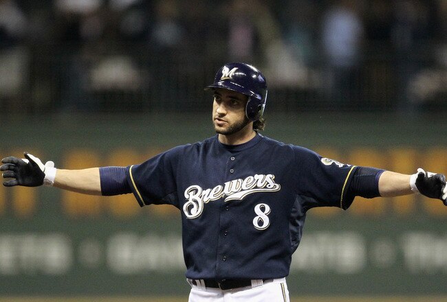 MILWAUKEE, WI - OCTOBER 10:  Ryan Braun #8 of the Milwaukee Brewers reacts after he hit a grond rule double against the St. Louis Cardinals during Game Two of the National League Championship Series at Miller Park on October 10, 2011 in Milwaukee, Wisconsin.  (Photo by Jonathan Daniel/Getty Images)