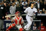 NEW YORK - NOVEMBER 04:  Hideki Matsui #55 of the New York Yankees hits a 2-run home run in the bottom of the second inning against the Philadelphia Phillies in Game Six of the 2009 MLB World Series at Yankee Stadium on November 4, 2009 in the Bronx borough of New York City.  (Photo by Jed Jacobsohn/Getty Images)