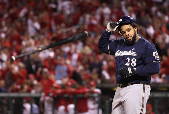 ST LOUIS, MO - OCTOBER 13:  Prince Fielder #28 of the Milwaukee Brewers throws his bat after he struck out in the top of the first inning against the St. Louis Cardinals during Game 4 of the National League Championship Series at Busch Stadium on October 13, 2011 in St. Louis, Missouri.  (Photo by Christian Petersen/Getty Images)
