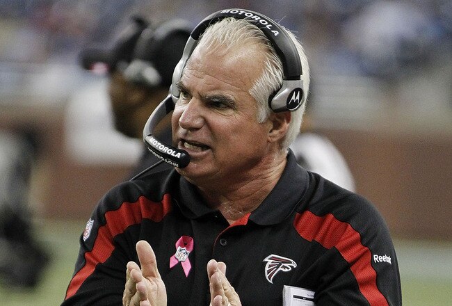 DETROIT, MI - OCTOBER 23: Atlanta Falcons head coach Mike Smith celebrates a 23-16 win over the Detroit Lions at Ford Field on October 23, 2011 in Detroit, Michigan. (Photo by Leon Halip/Getty Images)