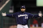 ST LOUIS, MO - OCTOBER 13:  Prince Fielder #28 of the Milwaukee Brewers gestures after he hit a double in the top of the fourth inning against the St. Louis Cardinals during Game 4 of the National League Championship Series at Busch Stadium on October 13, 2011 in St. Louis, Missouri.  (Photo by Christian Petersen/Getty Images)