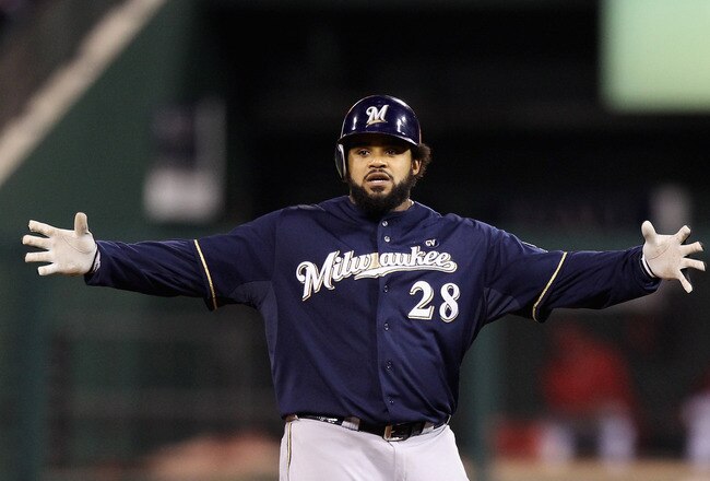 ST LOUIS, MO - OCTOBER 13:  Prince Fielder #28 of the Milwaukee Brewers gestures after he hit a double in the top of the fourth inning against the St. Louis Cardinals during Game 4 of the National League Championship Series at Busch Stadium on October 13, 2011 in St. Louis, Missouri.  (Photo by Christian Petersen/Getty Images)