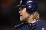 ST LOUIS, MO - OCTOBER 14:  Corey Hart #1 of the Milwaukee Brewers looks on against the St. Louis Cardinals during Game Five of the National League Championship Series at Busch Stadium on October 14, 2011 in St Louis, Missouri.  (Photo by Jamie Squire/Getty Images)