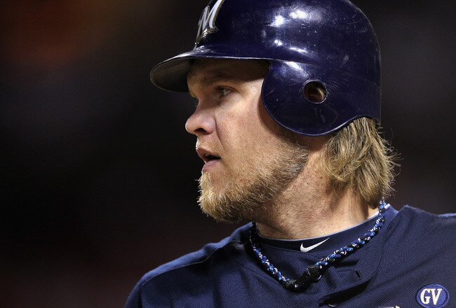 ST LOUIS, MO - OCTOBER 14:  Corey Hart #1 of the Milwaukee Brewers looks on against the St. Louis Cardinals during Game Five of the National League Championship Series at Busch Stadium on October 14, 2011 in St Louis, Missouri.  (Photo by Jamie Squire/Getty Images)