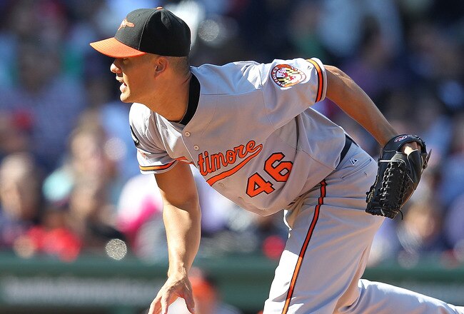 BOSTON, MA - SEPTEMBER 19:  Jeremy Guthrie #46 of the Baltimore Orioles throws against the Boston Red Sox at Fenway Park September 19, 2011 in Boston, Massachusetts. The Orioles won 6-5. (Photo by Jim Rogash/Getty Images)
