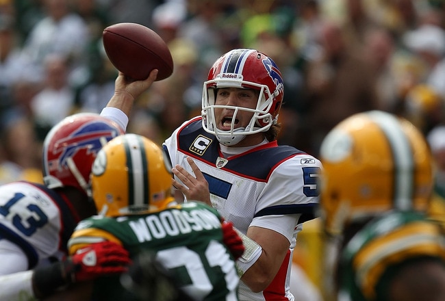 GREEN BAY, WI - SEPTEMBER 19: Trent Edwards #5 of the Buffalo Bills throws a pass against the Green Bay Packers at Lambeau Field on September 19, 2010 in Green Bay, Wisconsin. The Packers defeated the Bills 34-7. (Photo by Jonathan Daniel/Getty Images)