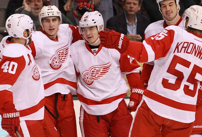 DALLAS, TX - JANUARY 17:  Jiri Hudler #26 of the Detroit Red Wings celebrates his goal against the Dallas Stars at American Airlines Center on January 17, 2012 in Dallas, Texas.  (Photo by Ronald Martinez/Getty Images)