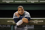 ARLINGTON, TX - OCTOBER 15:  Victor Martinez #41 of the Detroit Tigers reacts after deing defeated in Game Six of the American League Championship Series by the Texas Rangers eliminating them from the playoffs at Rangers Ballpark in Arlington on October 15, 2011 in Arlington, Texas.  (Photo by Harry How/Getty Images)
