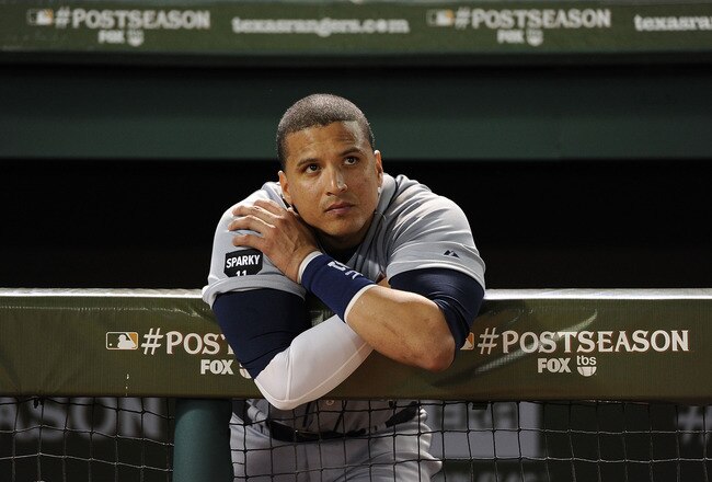 ARLINGTON, TX - OCTOBER 15:  Victor Martinez #41 of the Detroit Tigers reacts after deing defeated in Game Six of the American League Championship Series by the Texas Rangers eliminating them from the playoffs at Rangers Ballpark in Arlington on October 15, 2011 in Arlington, Texas.  (Photo by Harry How/Getty Images)