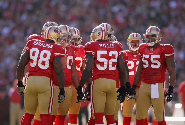 SAN FRANCISCO, CA - DECEMBER 04:  Patrick Willis #52 of the San Francisco 49ers talks to his team during their game against the St. Louis Rams at Candlestick Park on December 4, 2011 in San Francisco, California.  (Photo by Ezra Shaw/Getty Images)