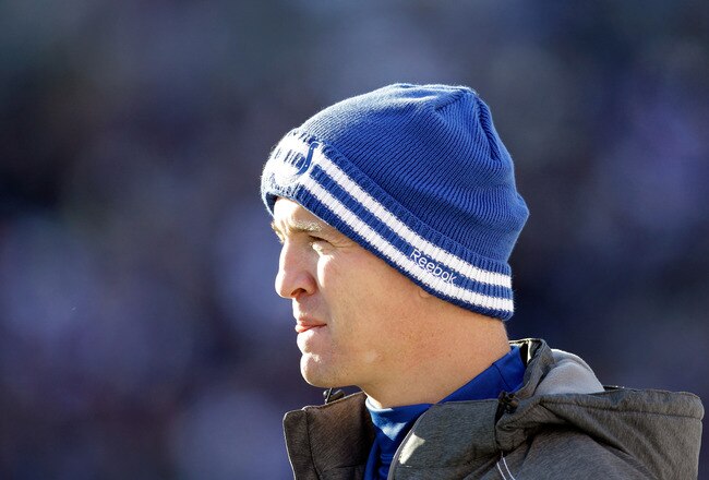 BALTIMORE, MD - DECEMBER 11:  Peyton Manning #18 of the Indianapolis Colts looks on from the sidelines during the second half against the Baltimore Ravens at M&T Bank Stadium on December 11, 2011 in Baltimore, Maryland.  (Photo by Rob Carr/Getty Images)