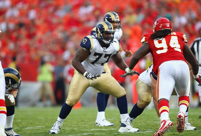 KANSAS CITY, MO - AUGUST 26: Jason Smith #77 of the St. Louis Rams blocks against the Kansas City Chiefs during a pre-season game at Arrowhead Stadium  on August 26, 2010 in Kansas City, Missouri.  The Rams defeated the Chiefs, 14-10. (Photo by Dilip Vishwanat/Getty Images)