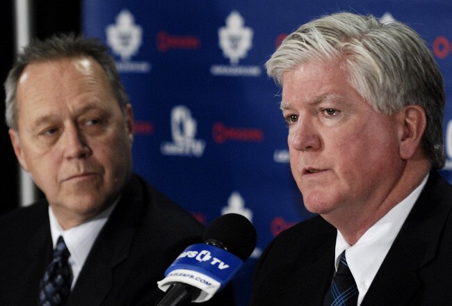 TORONTO - NOVEMBER 29:   MLSE President and CEO Richard Peddie and Brian Burke attend a press conference announcing Burke as the teams new General Manager November 29, 2008 at the Air Canada Centre in Toronto, Ontario, Canada. (Photo by Brad White/Getty Images)