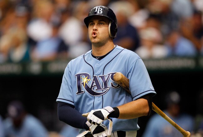 ST PETERSBURG, FL - OCTOBER 04:  Evan Longoria #3 of the Tampa Bay Rays reacts while at bat against the Texas Rangers in Game Four of the American League Division Series at Tropicana Field on October 4, 2011 in St Petersburg, Florida.  (Photo by Mike Ehrmann/Getty Images)