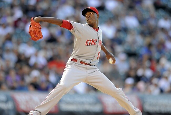 DENVER, CO - SEPTEMBER 10: Aroldis Chapman #54 of the Cincinnati Reds throws against the Colorado Rockies at Coors Field on September 10, 2011 in Denver, Colorado. Colorado beat Cincinnati 12-7.  (Photo by Jack Dempsey/Getty Images)