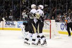 SAN JOSE, CA - NOVEMBER 03:  James Neal #18 and Evgeni Malkin #71 of the Pittsburgh Penguins celebrate after Malkin scored a goal in the first period against the San Jose Sharks at HP Pavilion at San Jose on November 3, 2011 in San Jose, California.  (Photo by Ezra Shaw/Getty Images)