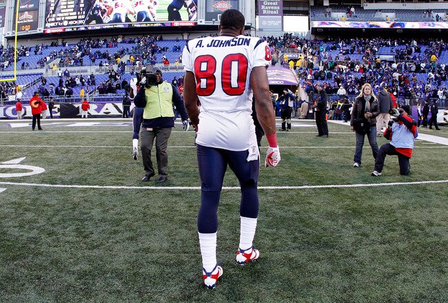 BALTIMORE, MD - JANUARY 15:  Andre Johnson #80 of the Houston Texans walks off the field after losing 20-13 to the Baltimore Ravens during the AFC Divisional playoff game at M&T Bank Stadium on January 15, 2012 in Baltimore, Maryland.  (Photo by Rob Carr/Getty Images)