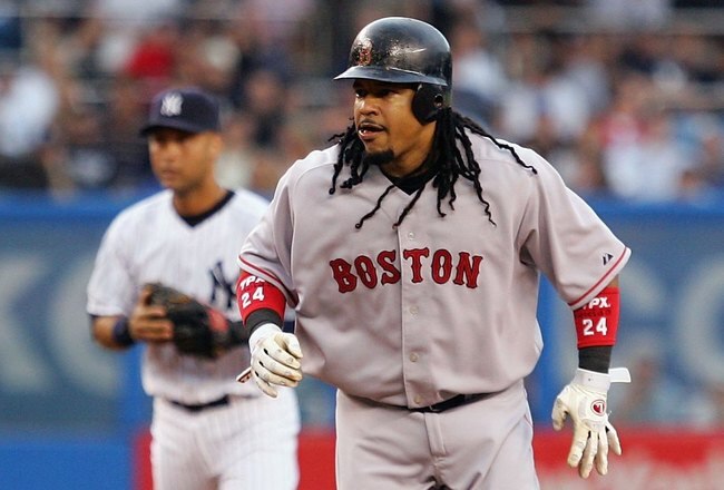 NEW YORK - JULY 03: Manny Ramirez #24 of the Boston Red Sox leads off second base against the New York Yankees on July 3, 2008 at Yankee Stadium in the Bronx borough of New York City. The Red Sox defeated the Yankees 7-0.(Photo by Jim McIsaac/Getty Images)
