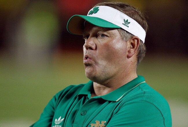 ANN ARBOR, MI - SEPTEMBER 10:  Head coach Brian Kelley of the Notre Dame Fighting Irish reacts as the Michigan Wolverines kick a extra point after scoring the game winning touchdown with two second left at Michigan Stadium on September 10, 2010 in Ann Arbor, Michigan. Michigan won the game 35-31. (Photo by Gregory Shamus/Getty Images)
