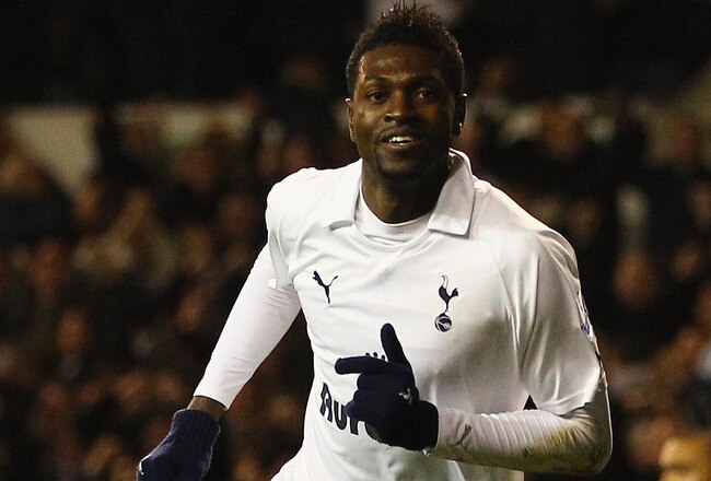LONDON, ENGLAND - DECEMBER 22:  Emmanuel Adebayor of Tottenham Hotspur celebrates after scoring the opening goal during the Barclays Premier League match between Tottenham Hotspur and Chelsea at White Hart Lane on December 22, 2011 in London, England.  (Photo by Richard Heathcote/Getty Images)