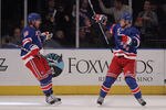 NEW YORK, NY - JANUARY 05:  (L-R) Brad Richards #19 and Marian Gaborik #10 of the New York Rangers celebrate a third period goal against the Florida Panthers at Madison Square Garden on January 5, 2012 in New York City. The Rangers defeated the Panthers 3-2 in overtime. (Photo by Bruce Bennett/Getty Images)