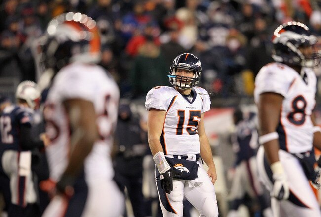 FOXBORO, MA - JANUARY 14:  Tim Tebow #15 of the Denver Broncos looks on against the New England Patriots during their AFC Divisional Playoff Game at Gillette Stadium on January 14, 2012 in Foxboro, Massachusetts.  (Photo by Jim Rogash/Getty Images)
