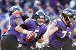 BALTIMORE, MD - JANUARY 15:  Quarterback  Joe Flacco #5 of the Baltimore Ravens looks to pass against the Houston Texans during the AFC Divisional playoff game at M&T Bank Stadium on January 15, 2012 in Baltimore, Maryland. Baltimore won 20-13 in regulation. (Photo by Rob Carr/Getty Images)