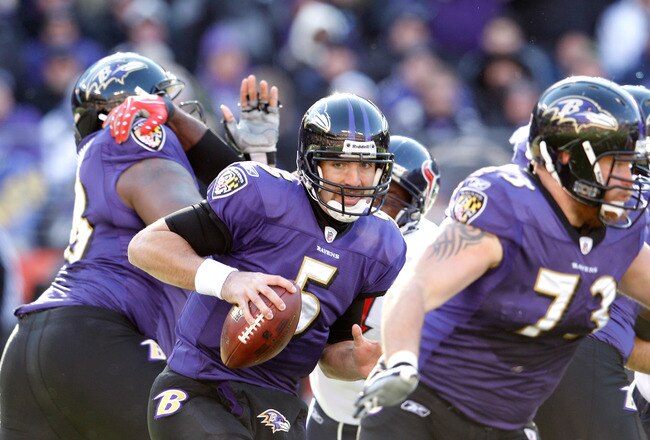 BALTIMORE, MD - JANUARY 15:  Quarterback  Joe Flacco #5 of the Baltimore Ravens looks to pass against the Houston Texans during the AFC Divisional playoff game at M&T Bank Stadium on January 15, 2012 in Baltimore, Maryland. Baltimore won 20-13 in regulation. (Photo by Rob Carr/Getty Images)