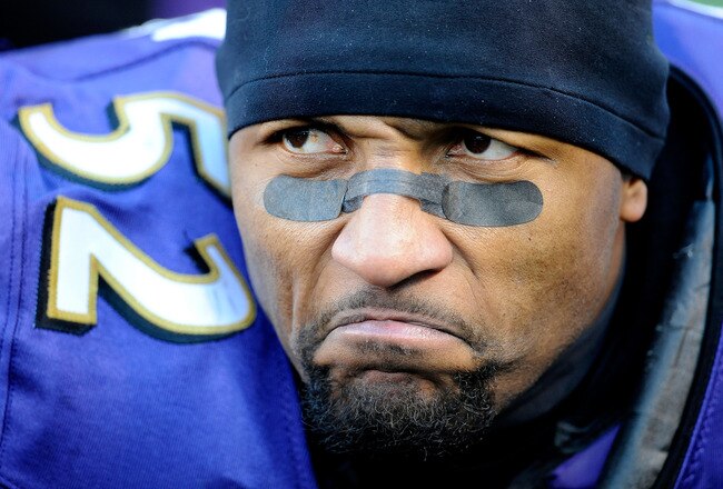 BALTIMORE, MD - JANUARY 15:  Ray Lewis #52 of the Baltimore Ravens looks on from the bench during the AFC Divisional playoff game against the Houston Texans at M&T Bank Stadium on January 15, 2012 in Baltimore, Maryland. Baltimore won 20-13 in regulation.  (Photo by Patrick McDermott/Getty Images)