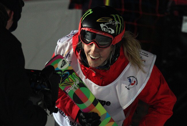 LA PLAGNE, FRANCE - MARCH 20: (FRANCE OUT) Sarah Burke of Canada takes 1st place during the FIS Freestyle World Cup Men's and Women's Halfpipe on March 20, 2011 in La Plagne, France.  (Photo by Christophe Pallot/Agence Zoom/Getty Images)