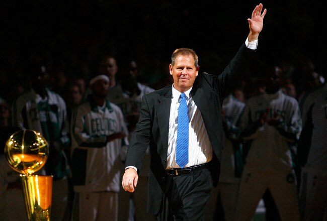 BOSTON, MA - OCTOBER 28: The Boston Celtics President Danny Ainge waves during the 2008 NBA World Championship ceremony before a game against the Cleveland Cavaliers at the TD Banknorth Garden on October 28, 2008 in Boston, Massachusetts. NOTE TO USER: User expressly acknowledges and agrees that, by downloading and/or using this Photograph, user is consenting to the terms and conditions of the Getty Images License Agreement. (Photo by Jim Rogash/Getty Images)
