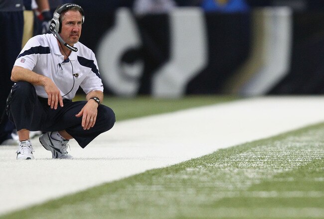 ST. LOUIS, MO - JANUARY 1: Head coach Steve Spagnuolo of the St. Louis Rams looks on from the sideline against the San Francisco 49ers at the Edward Jones Dome on January 1, 2012 in St. Louis, Missouri.  (Photo by Dilip Vishwanat/Getty Images)