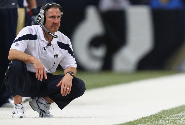 ST. LOUIS, MO - JANUARY 1: Head coach Steve Spagnuolo of the St. Louis Rams looks on from the sideline against the San Francisco 49ers at the Edward Jones Dome on January 1, 2012 in St. Louis, Missouri.  (Photo by Dilip Vishwanat/Getty Images)