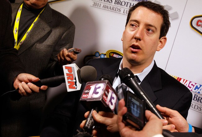 LAS VEGAS, NV - DECEMBER 01:  Driver Kyle Busch speaks to the media after the NASCAR Sprint Cup Series Champion's Week NMPA Myers Brothers Awards Luncheon at the Bellagio on December 1, 2011 in Las Vegas, Nevada.  (Photo by Todd Warshaw/Getty Images for NASCAR)