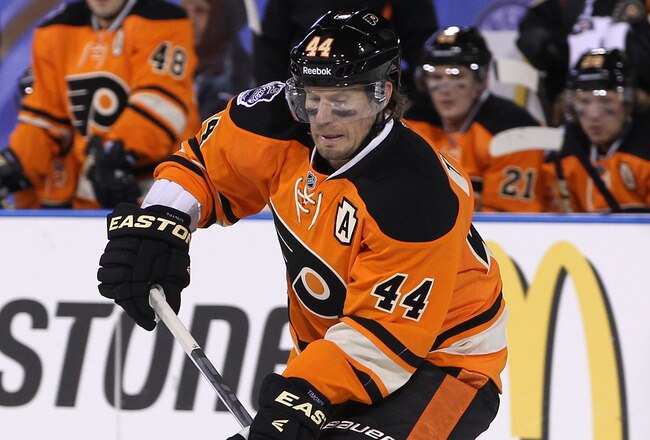 PHILADELPHIA, PA - JANUARY 02:  Kimmo Timonen #44 of the Philadelphia Flyers looks to pass against the New York Rangers during the 2012 Bridgestone NHL Winter Classic at Citizens Bank Park on January 2, 2012 in Philadelphia, Pennsylvania.  (Photo by Bruce Bennett/Getty Images)