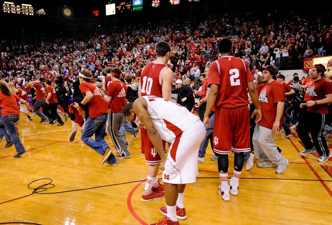 LINCOLN, NE - JANUARY 18: Brandon Richardson #3 of the Nebraska Cornhuskers takes a moment to process their upset of the Indiana Hoosiers 70-69 at The Devany Center January 18, 2012 in Lincoln, Nebraska. (Photo by Eric Francis/Getty Images)