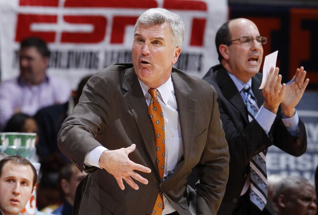 CHAMPAIGN, IL - JANUARY 10: Illinois Fighting Illini head coach Bruce Weber looks on against the Ohio State Buckeyes at Assembly Hall on January 10, 2012 in Champaign, Illinois. The Illini defeated the Buckeyes 79-74. (Photo by Joe Robbins/Getty Images)