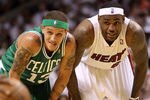 MIAMI, FL - MAY 03:  LeBron James #6 of the Miami Heat talks with Delonte West #13 of  the Boston Celtics during Game Two of the Eastern Conference Semifinals of the 2011 NBA Playoffs at American Airlines Arena on May 3, 2011 in Miami, Florida. NOTE TO USER: User expressly acknowledges and agrees that, by downloading and/or using this Photograph, User is consenting to the terms and conditions of the Getty Images License Agreement.  (Photo by Mike Ehrmann/Getty Images)
