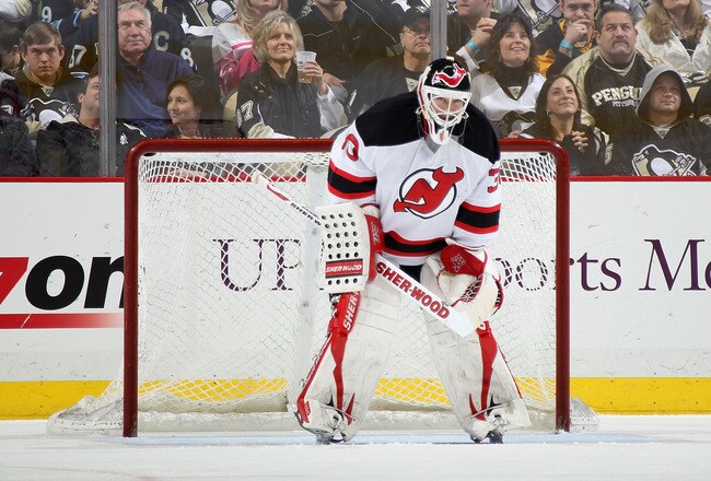 PITTSBURGH, PA - JANUARY 07:  Goaltender Martin Brodeur #30 of the New Jersey Devils in aciton during the NHL game against the Pittsburgh Penguins at Consol Energy Center on January 7, 2012 in Pittsburgh, Pennsylvania.  The Devils defeated the Penguins 3-1.  (Photo by Christian Petersen/Getty Images)