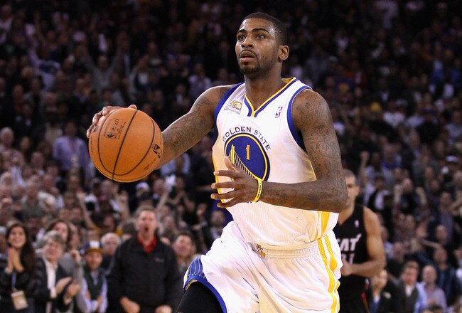 OAKLAND, CA - JANUARY 10:  Dorell Wright #1 of the Golden State Warriors in action against the Miami Heat at Oracle Arena on January 10, 2012 in Oakland, California.  NOTE TO USER: User expressly acknowledges and agrees that, by downloading and or using this photograph, User is consenting to the terms and conditions of the Getty Images License Agreement.  (Photo by Ezra Shaw/Getty Images)