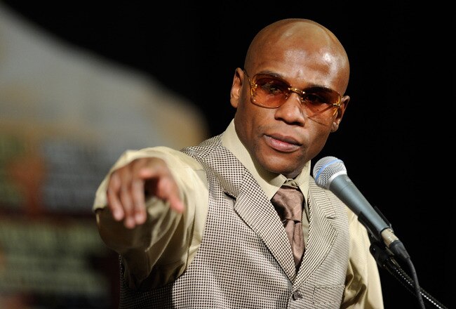 LAS VEGAS, NV - SEPTEMBER 17:  Floyd Mayweather Jr. speaks during his post-fight news conference after his fourth round knockout of Victor Ortiz in their WBC welterweight title fight at the MGM Grand Garden Arena on September 17, 2011 in Las Vegas, Nevada.  (Photo by Ethan Miller/Getty Images)